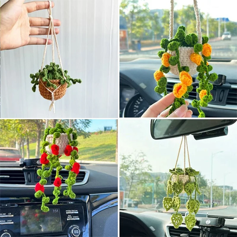 Car Handmade Crochet Plant Pendant Hanging Basket Charm Rear View Mirror  Ornament Accessories Decor Gadgets Interior Styling