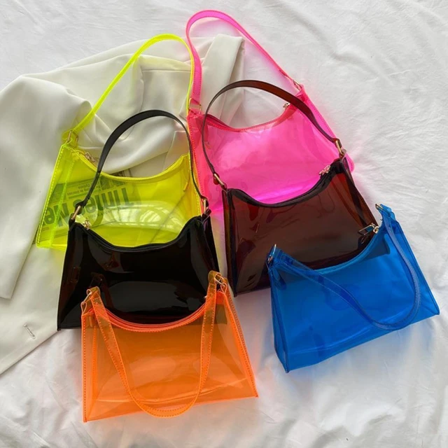 Fashion Women Transparent PVC Shoulder Bags Jelly Candy Color Large  Capacity Handbag Tote Brown 