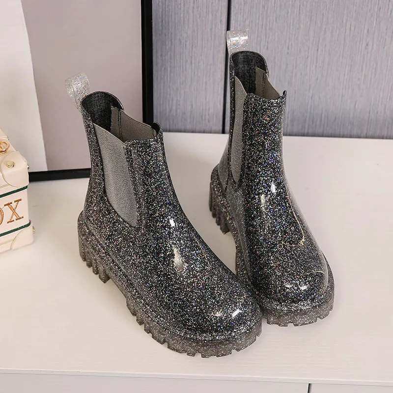 New Women's Shiny Color Fashion Rain Boots Outdoor Waterproof Mid-tube Ankle Boots Four Seasons Wearable Water Shoes Ladies