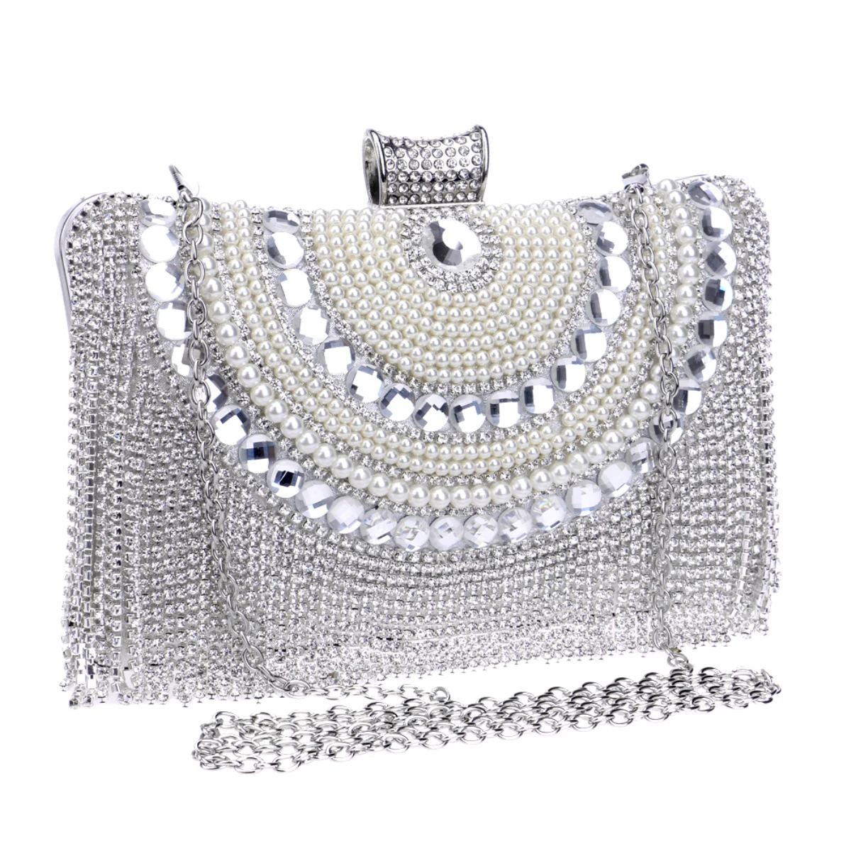 Metal Beaded Evening Clutch Bag with Rhinestones and Chain Strap