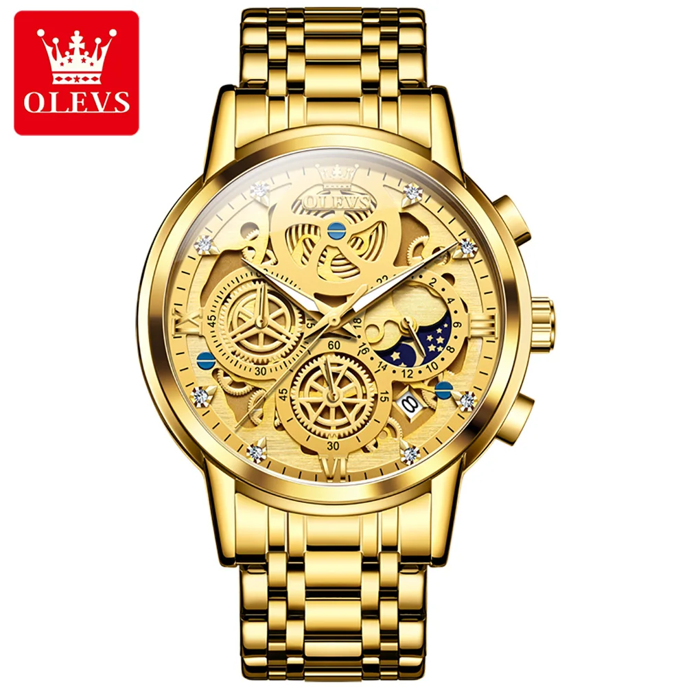 

OLEVS Men's Watches Top Brand Luxury Original Waterproof Quartz Watch for Man Gold Skeleton Style 24 Hour Day Night New