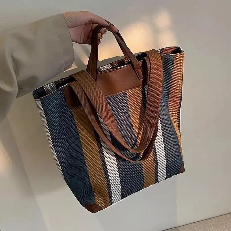 New Striped Canvas Reusable Grocery Bag Women's Large Capacity Fashion Versatile Shoulder Bag Student Class Commuter Tote Bag