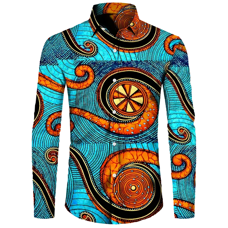 thumbnail image 1 of Camisa con botones para hombre nueva, camisas de manga larga con estampado africano Dashiki, ropa tradicional para parejas, ropa de calle de estilo étnico de hip hop, 1 of 4