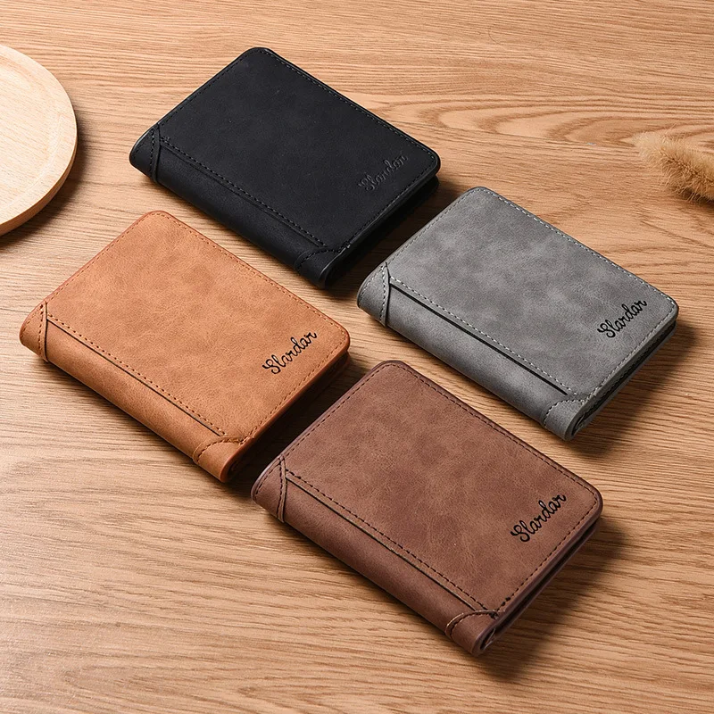 New trendy men's wallet, short matte leather wallet, multi slot wallet, retro three fold vertical wallet
