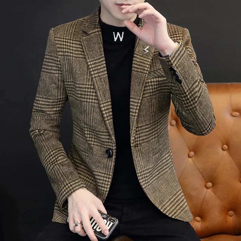 2024 New Men 2022 Autumn Winter Fashion Handsome Korean Version of The Trend Plaid Single West Coat Business Casual  Blazer 5
