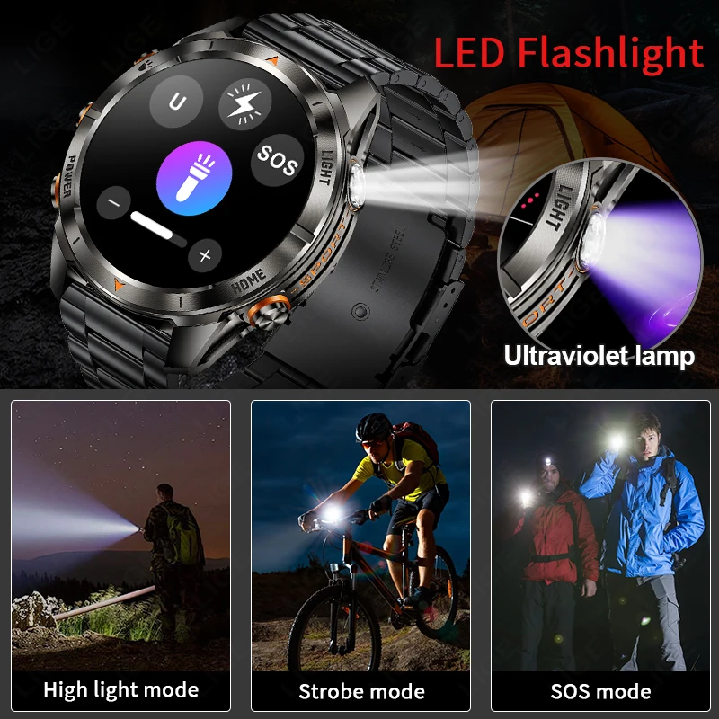 Military Smart Watch Men 3ATM Waterproof 1.46" AMOLED Screen LED Flashlight 515mAh Battery Heart Rate Sports BT Call Smartwatch