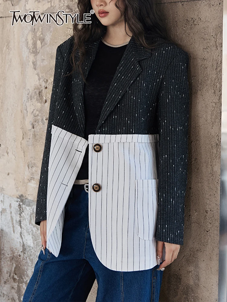 

TWOTWINSTYLE Colorblock Striped Casual Blazer For Women Notched Collar Long Sleeve Patchwork Single Breasted Blazers Female New