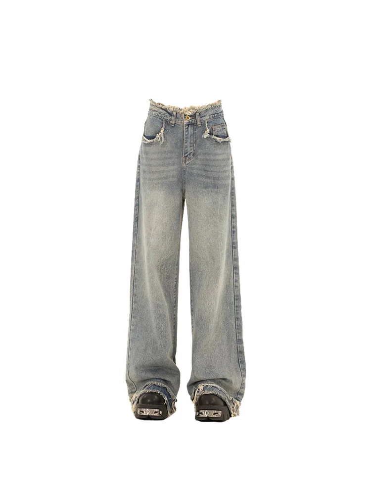 

Women's Blue Straight Leg Jeans Harajuku Vintage High Waist Baggy Jeans Denim Pants Y2k Casual Fashion Wide Leg Cowboy Trousers