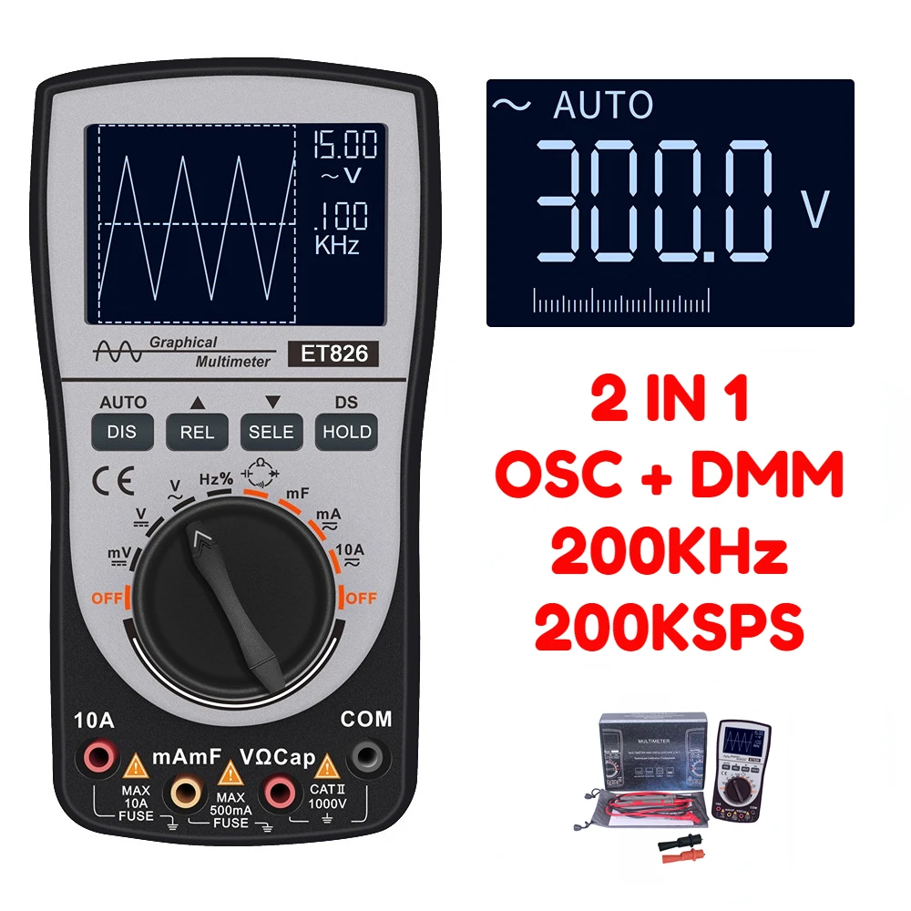 

2 IN 1 Intelligent Digital Oscilloscope Multimeter ET826 DC/AC Current Voltage Resistance Frequency Diode Tester 4000 Counts 20K