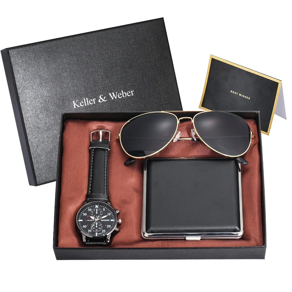 2023 Creative Watch Gift Set Practical Leather Quartz Wristwatch and Sunglasses Gift Box for Men montre homme