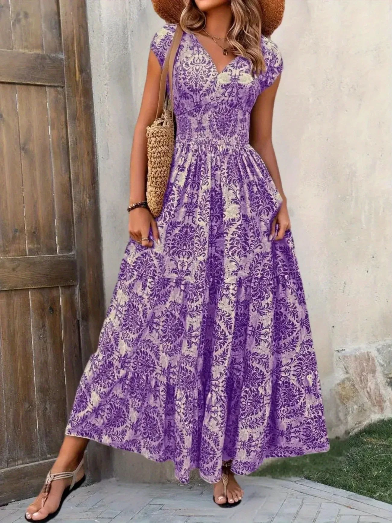 2026 Summer New Style Printed V-neck Waist Long Skirt European and American Dress