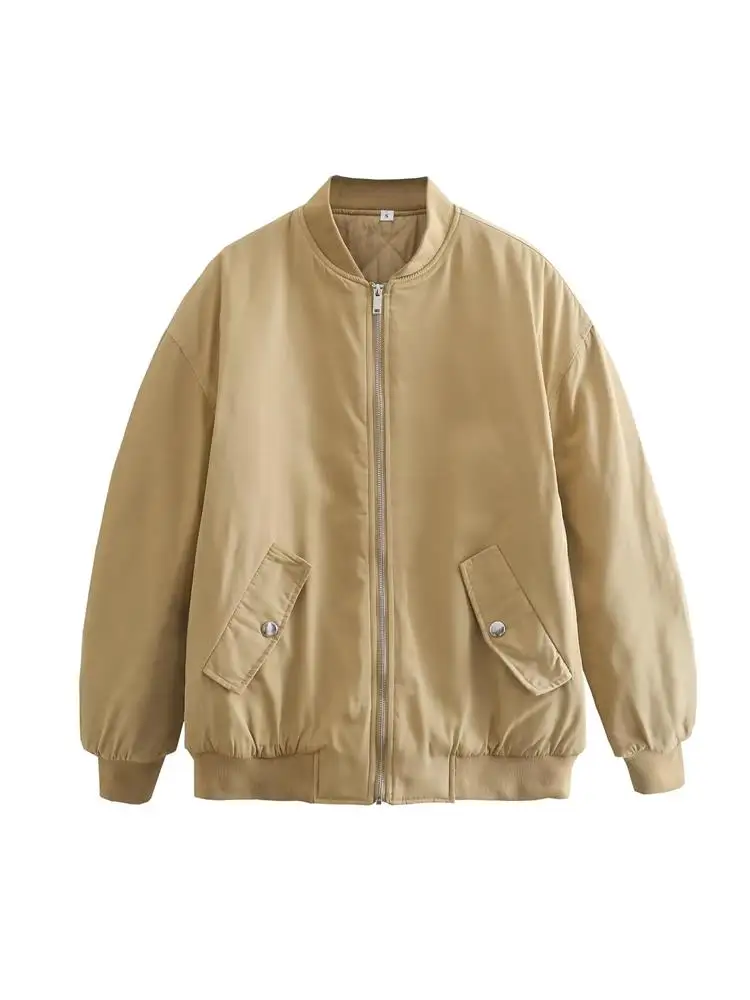 

ZXQJ Women 2023 Fashion Oversized Bomber Jackets Female Zippers Pockets Stand Collar Padded Coats Chic Outerwear