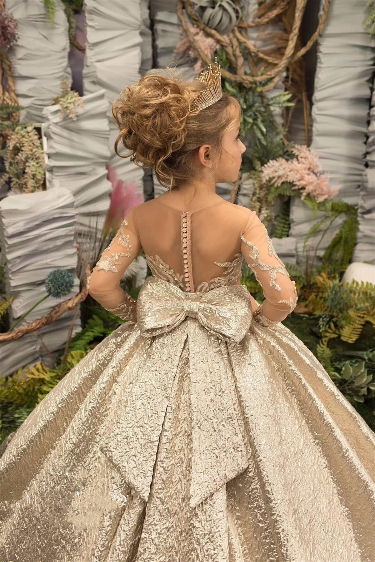 Flower girl dress golden fluffy long fantasy sleeve bow belt wedding luxury bridesmaid birthday celebration Eucharist dress flower girl dresses