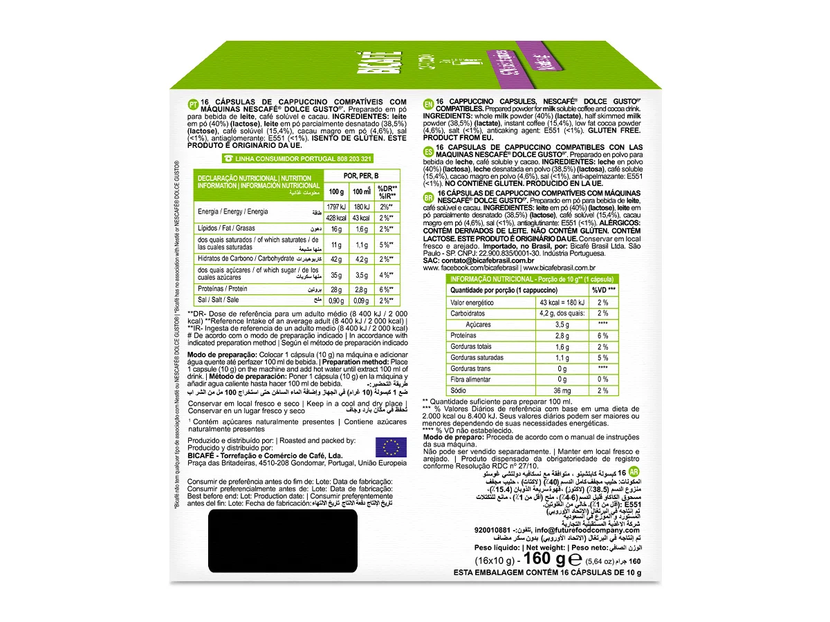 Cápsula De Cappuccino Sem Açúcar Bicafé  P/ Maq. Dolce Gusto*