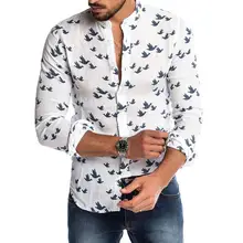

Spring Autumn Casual Men Pigeo n Print Buttons Long Sleeve Shirt Linen Slim Top Shirts