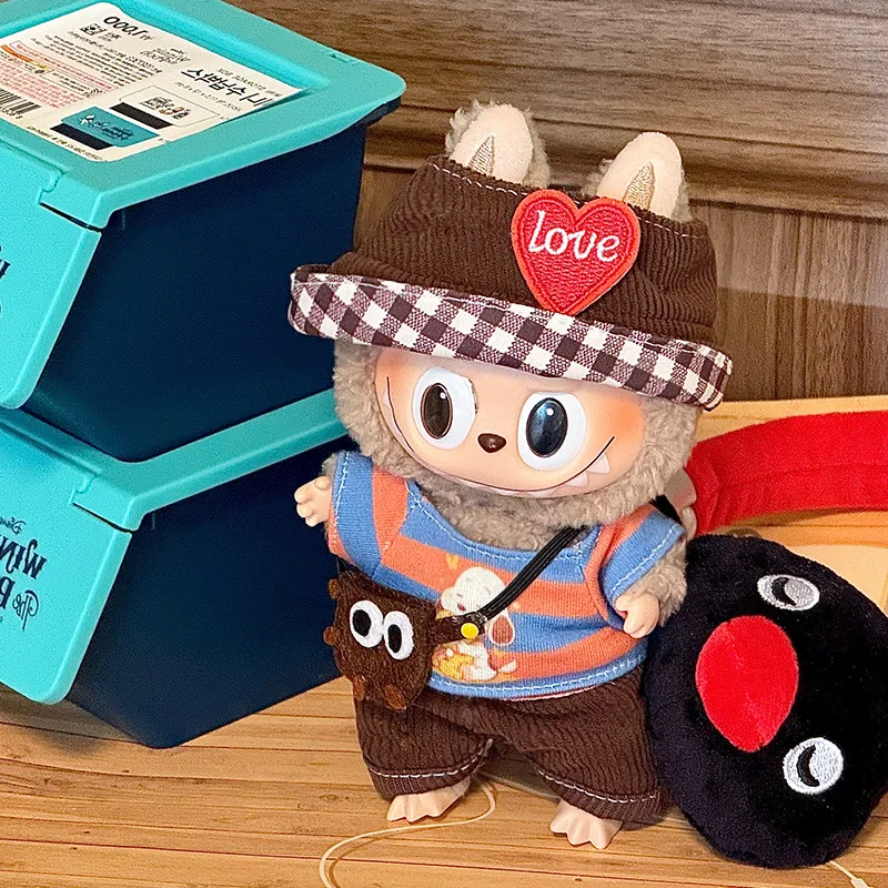 17cm Mini Doll'S Clothes Outfit Accessories for Labubu V1 V2 Striped Overalls Cool Handsome Clothing Gift