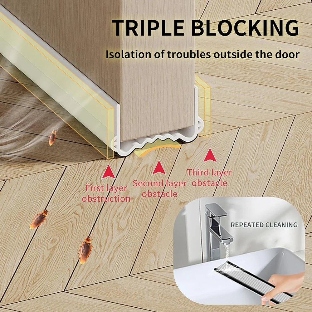 1-4pcs Silent Door Seal Strip PVC Flexible Washable Wear-resistant Weather Strip Windproof Dustproof Triple Sealing with Brush