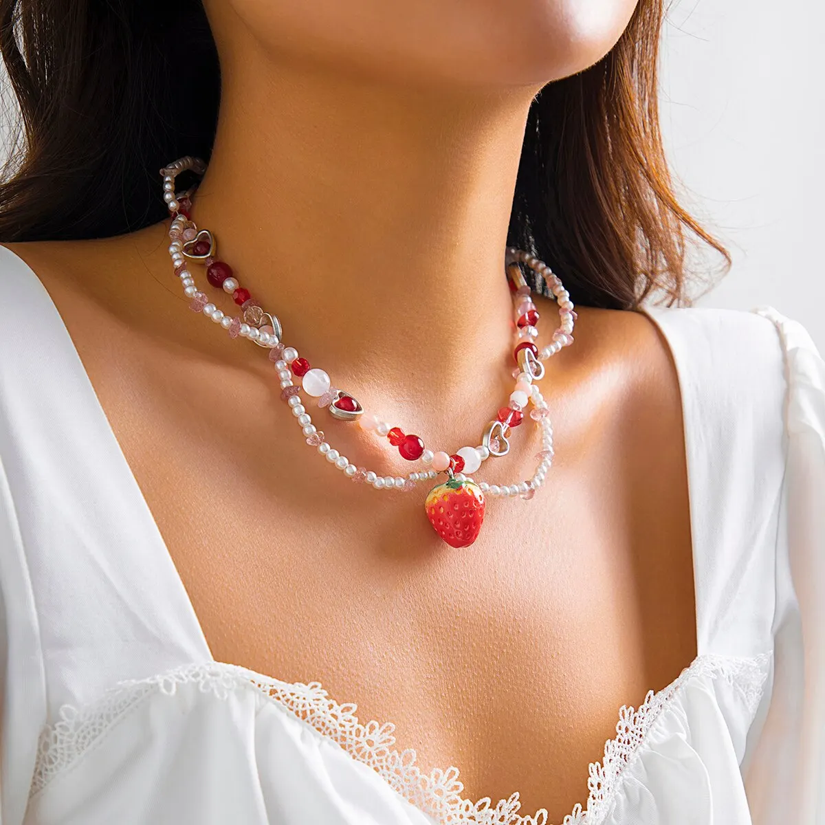 S9d7d774feb584c16bcab051ed6116061b Sweet Imitation Pearl Strawberry Pendant Choker Necklace for Women Korean Fashion Love Heart Beaded Clavicle Chain Y2K Jewelry Mallzona