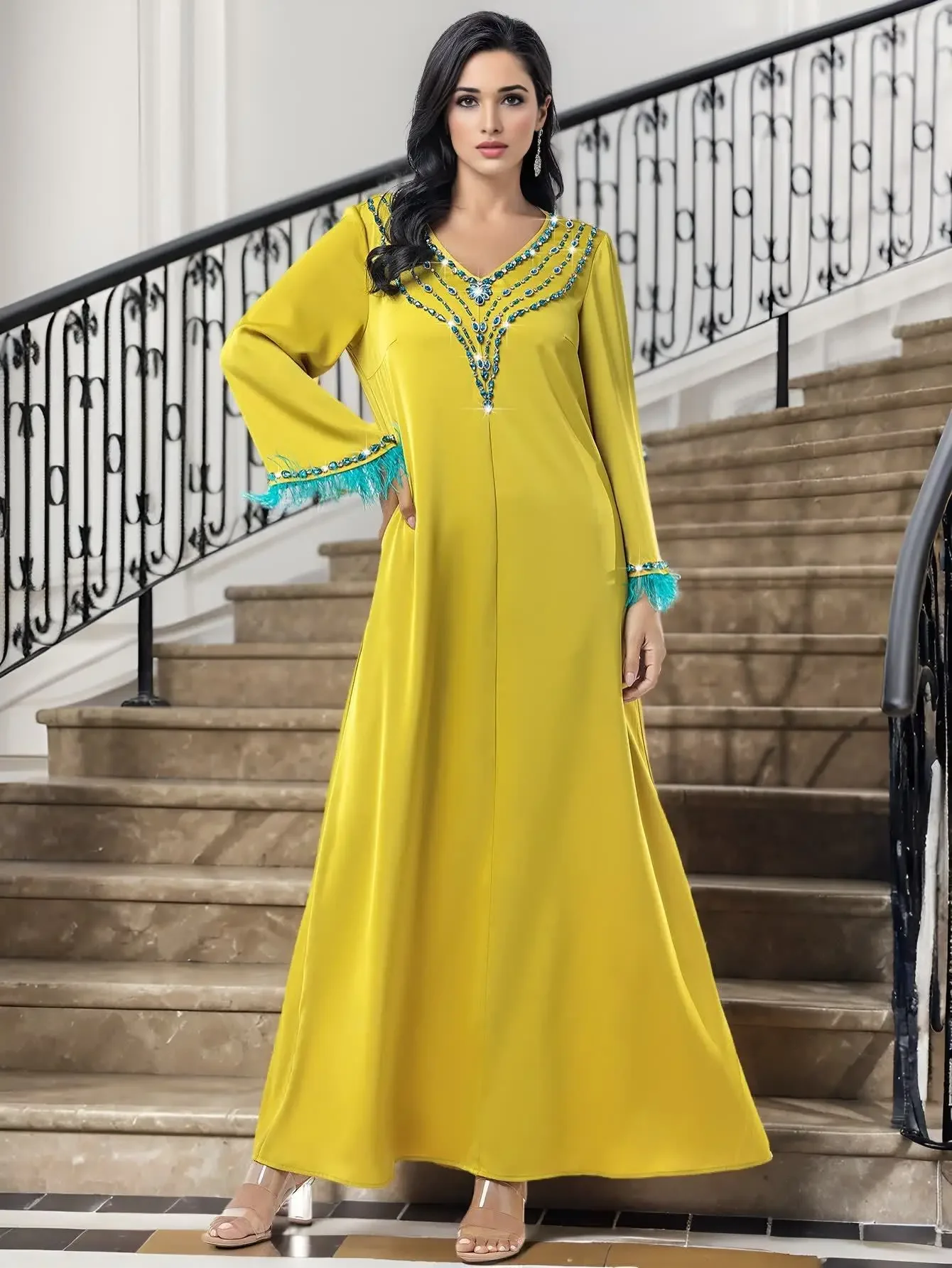 2025 عيد جلابة مسلم الماس رداء خليط ريشة المرأة فس...