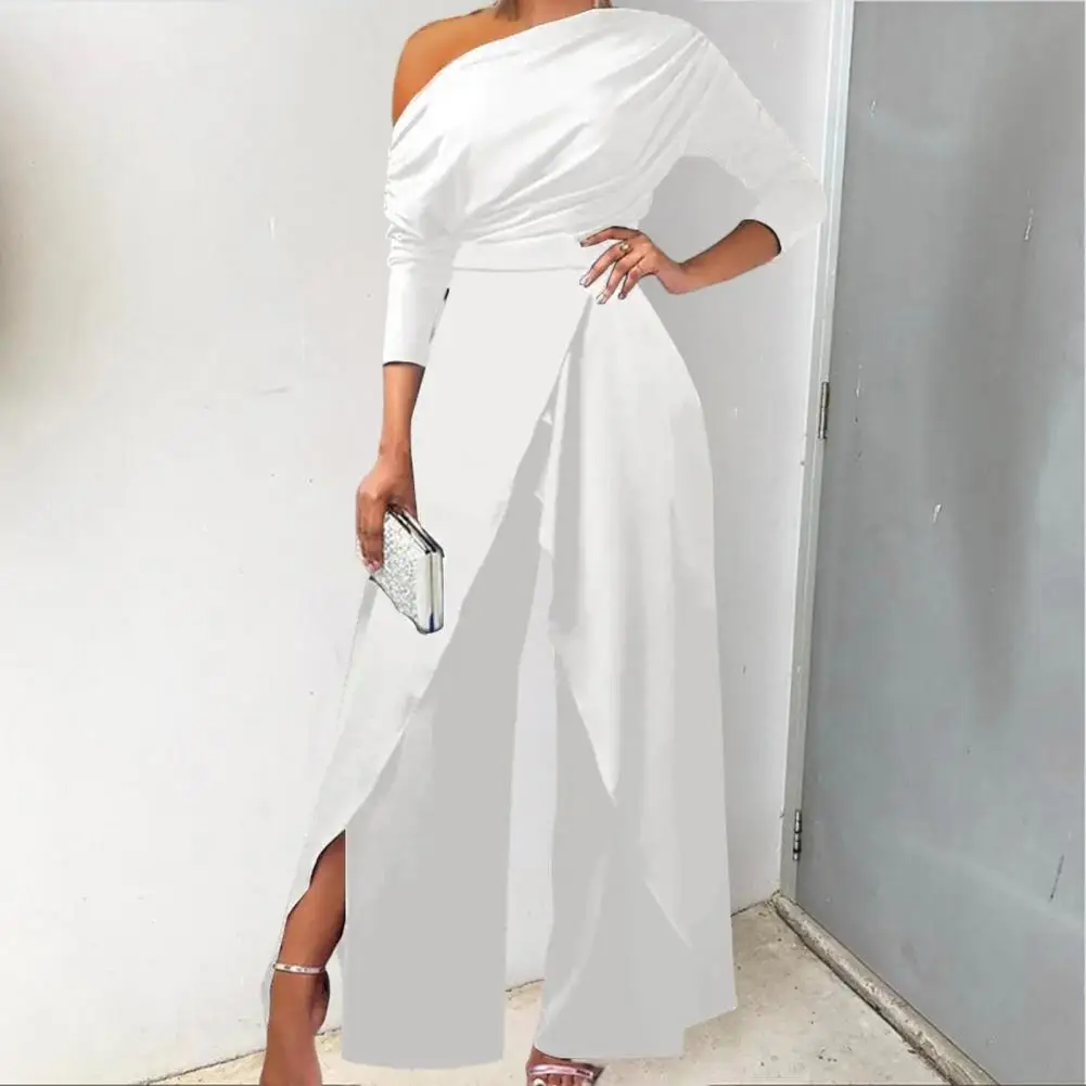 

Skew Collar Long Sleeve Waist Tight Solid Color Women Jumpsuit Elegant Off Shoulder Wide Leg Party Romper Irregular Playsuit