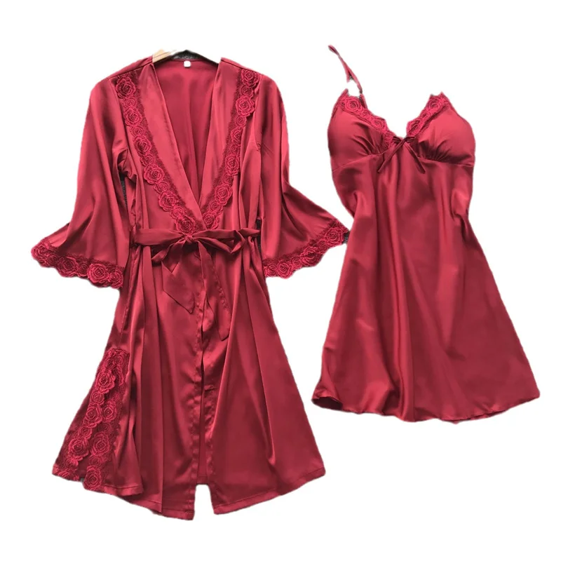 Women Pajamas 2PCS Leepwear Female Pajamas Set Satin Home Pyjamamas Lace Robe Sleep Suit V-Neck Wedding Nightwear Wear Nighty&Rob