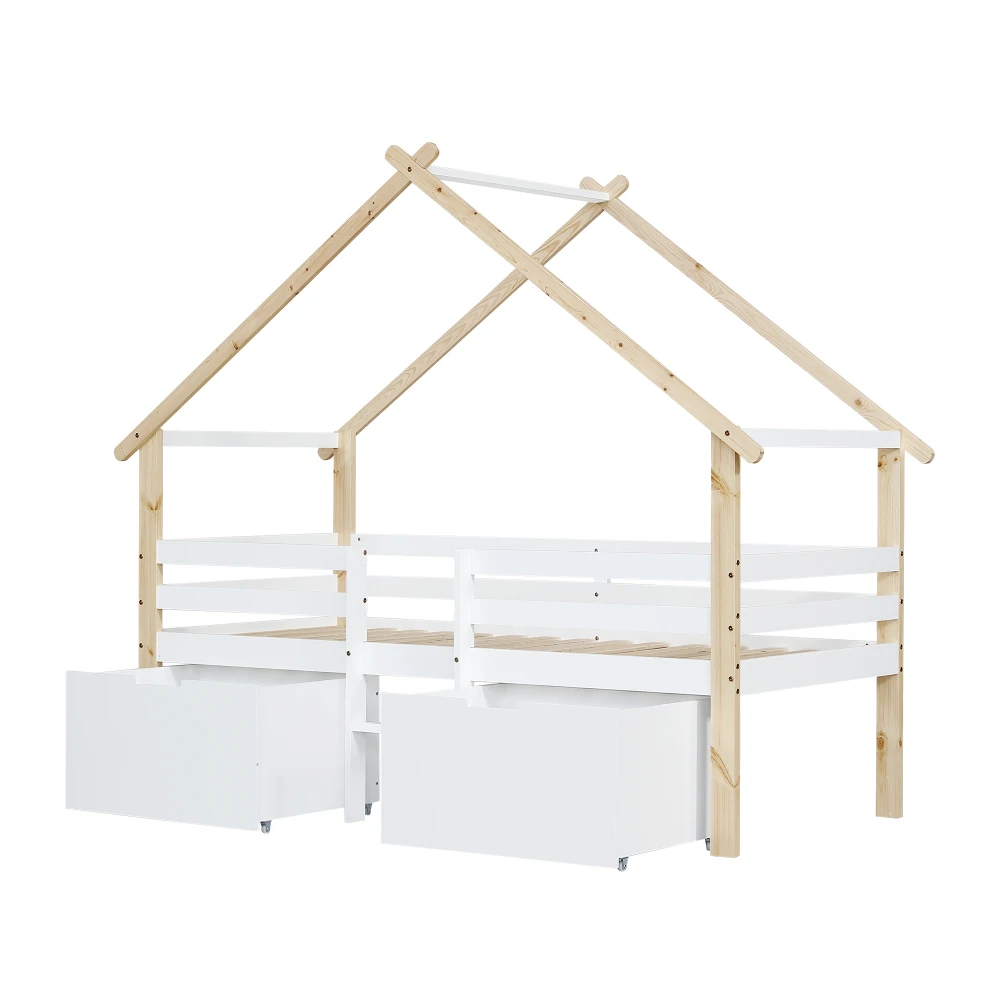 PINGGO Kinderbett Halbhohes Hausbett mit Dach 4-Seitiger Zaun Treppe 2 Rollbare Schränke Kiefer MDF Weiß Natur 90x200cm Ohne Matratze – Detail 12