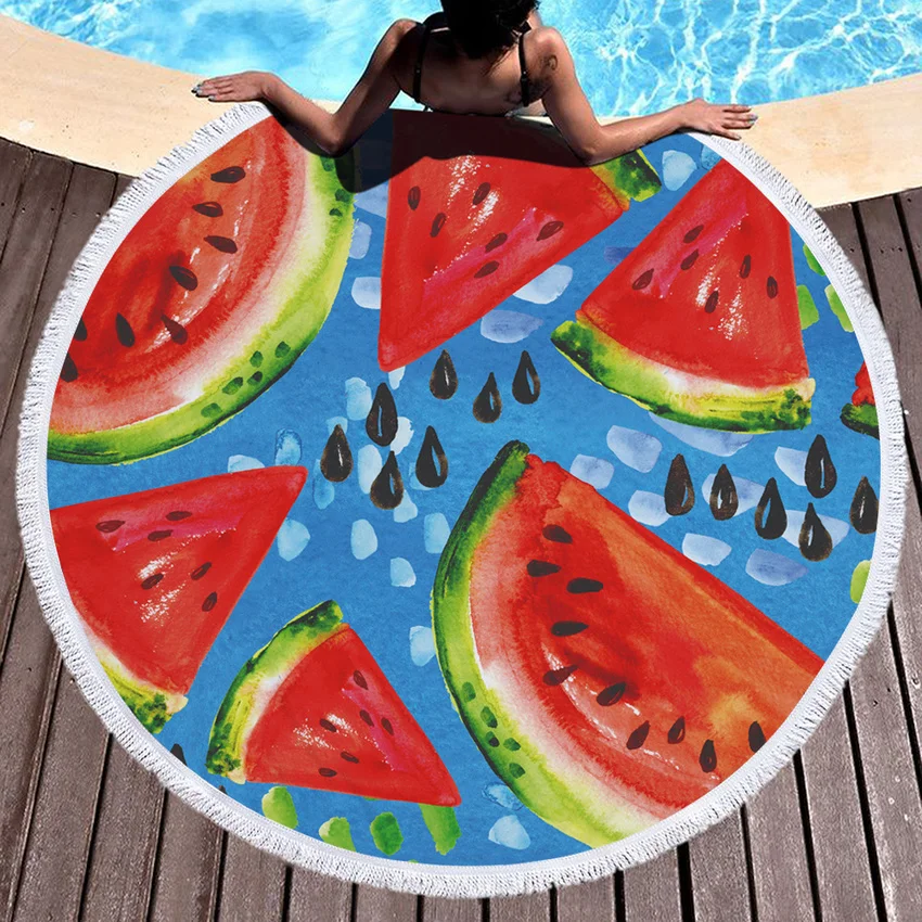 

Summer Watermelon Round Beach Towel Pineapple Microfiber Shower Bath Towels Swim Seaside Thick Circle Yoga Mat with Tassels