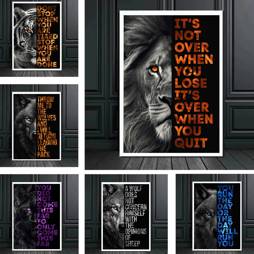 

Animal Lion Tiger Wolf Leopard Poster Prints Inspirational Quotes Canvas Painting Modern Art Wall Picture for Living Room Decor