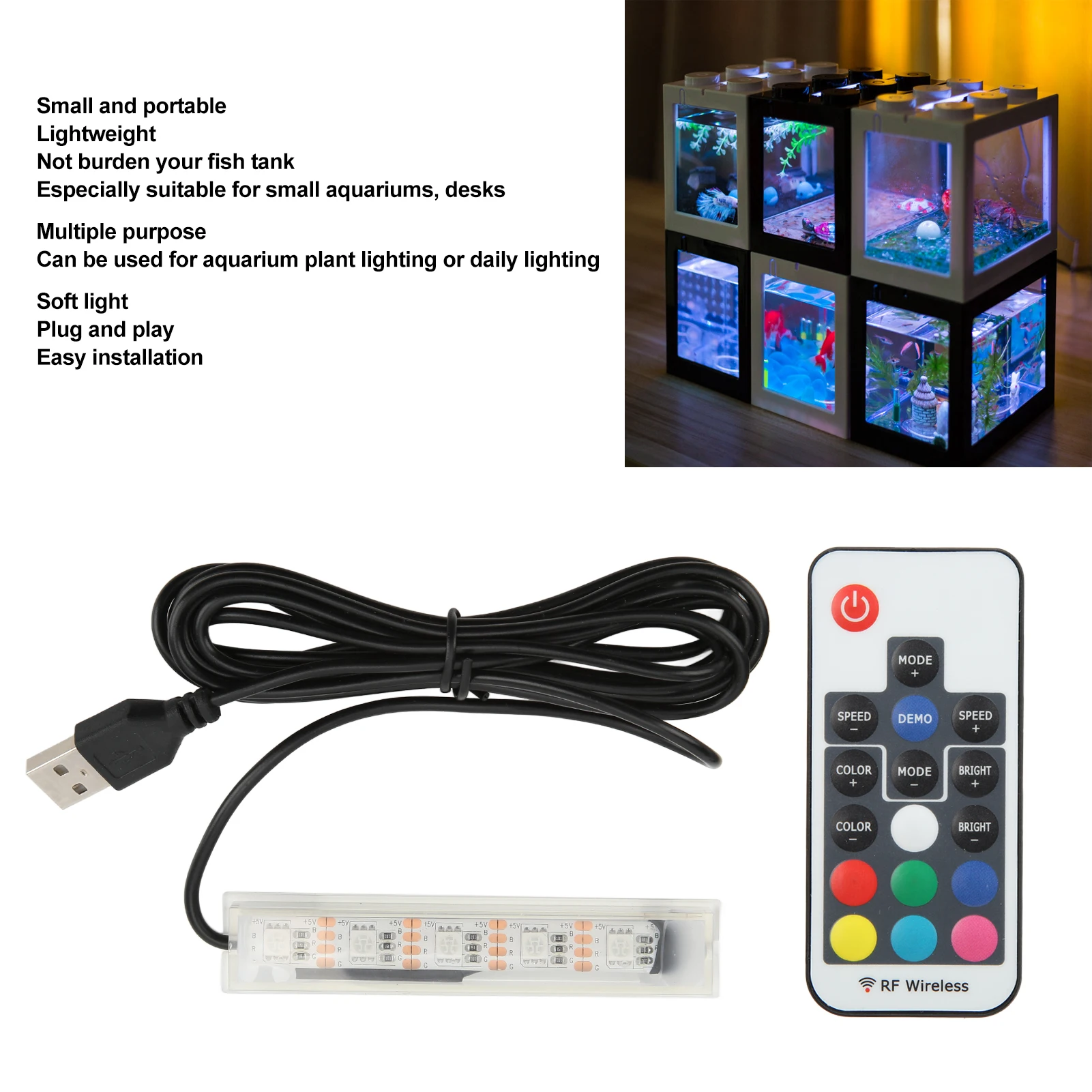 Fish Accessory Micro Aquarium Light USB Powered Remote Control Colorful LED Lamp for Landscape