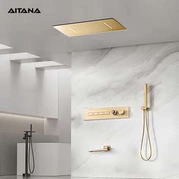 Moderno sistema doccia da incasso a soffitto digitale a LED in ottone dorato spazzolato. Rubinetto termostatico per bagno con doccia a cascata/pioggia a 4 funzioni 1