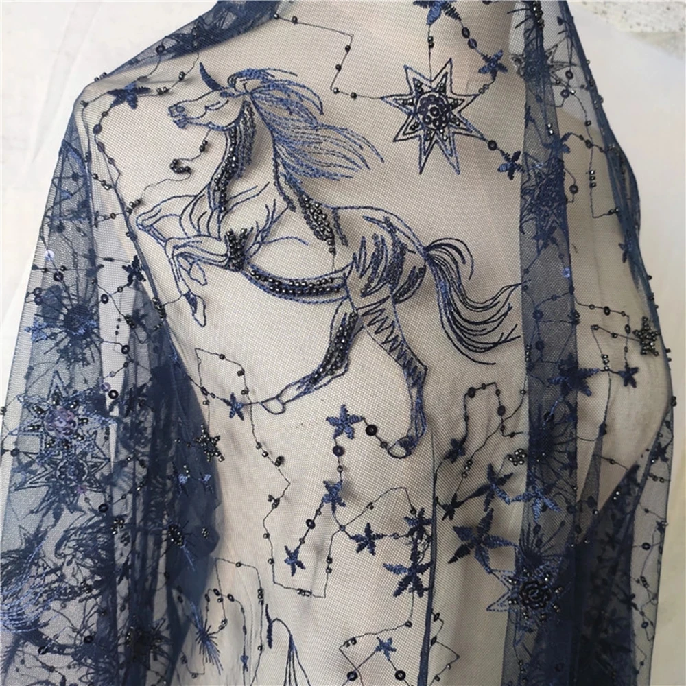 3DEmbroideryBeadedAndSequinsMeshLaceFabricFlyingHorseClothing