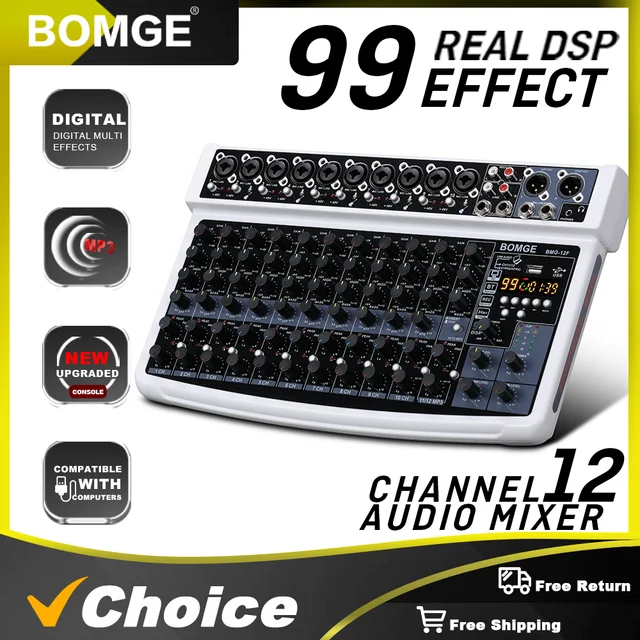BOMGE 12-Channel Professional Audio Mixer, RCA, XLR Microphone Jack, 48V Power, 99 DSP For Professional and Beginners