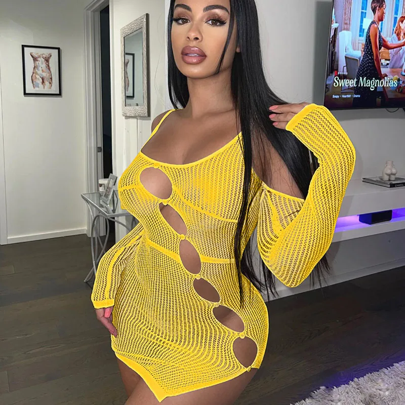 

Сексуальное трикотажное Прозрачное мини-платье с длинным рукавом Y2K, ажурные облегающие клубные платья, вечернее Полуночное платье, летнее платье