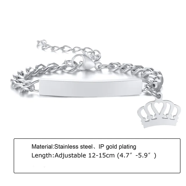 Custom Personalized Name Baby ID Bracelet, Stainless Steel Curb Chain Link Crown Bracelet Newborn Gilrs Boy Gifts Not Allergic 1005S silver