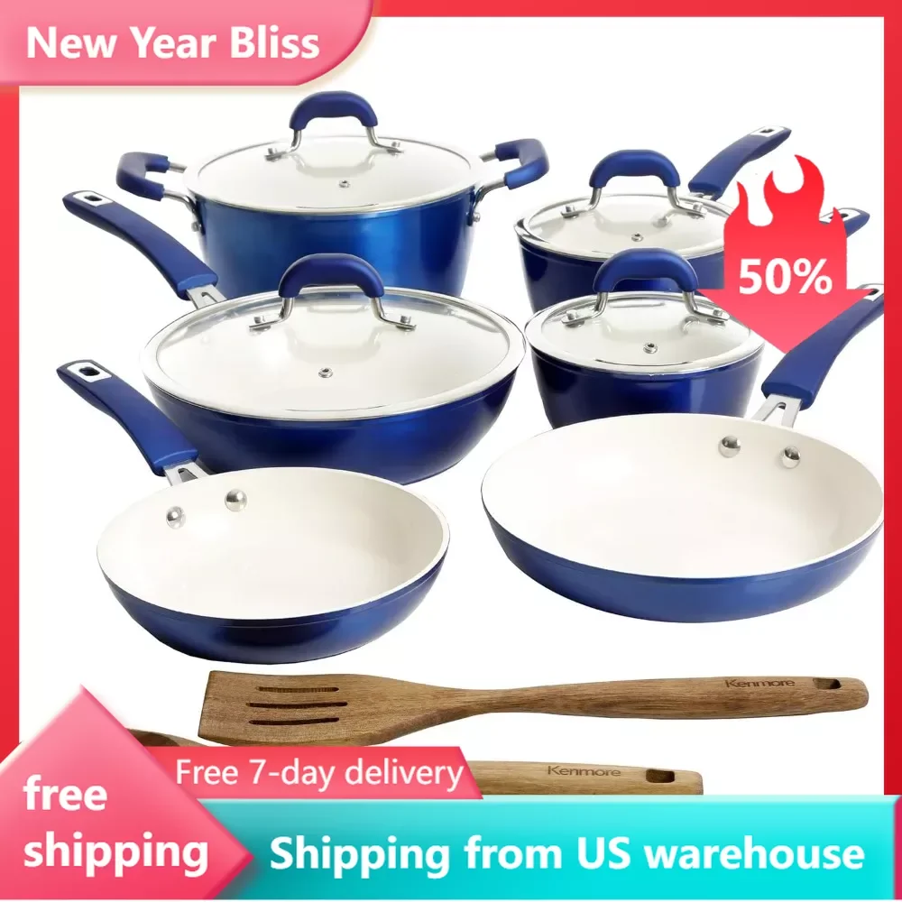 

Arlington Nonstick Ceramic Coated Forged Aluminum Induction Cookware with Bakelite Handles, 12-Piece Set, Metallic Blue