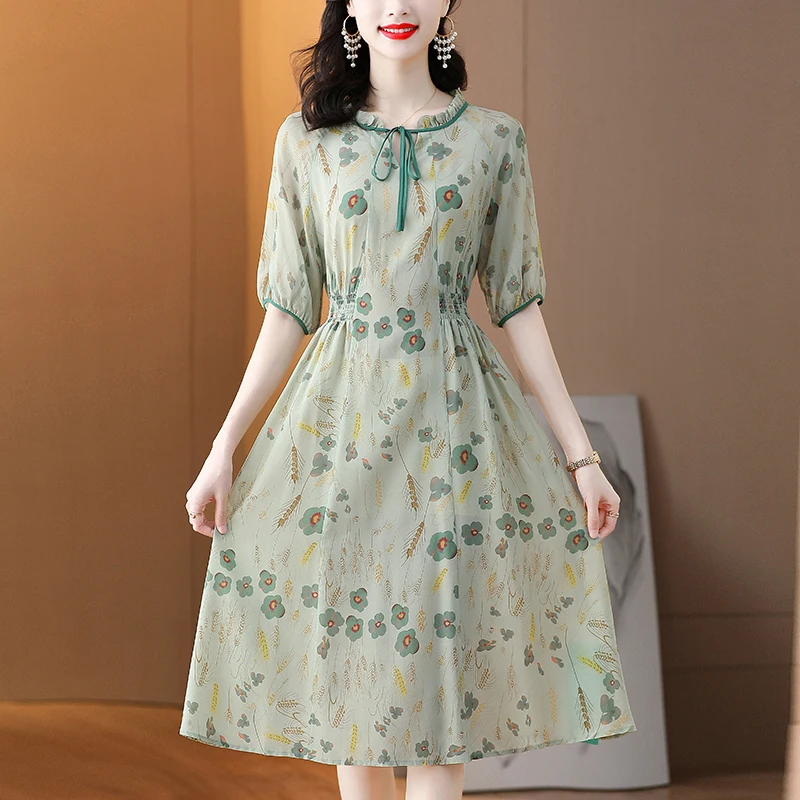 

2023 New Fashion Silk Printed Dress Women's Summer Versatile Fragmented Flower Loose Fit Casual Holiday Dress Vestidos