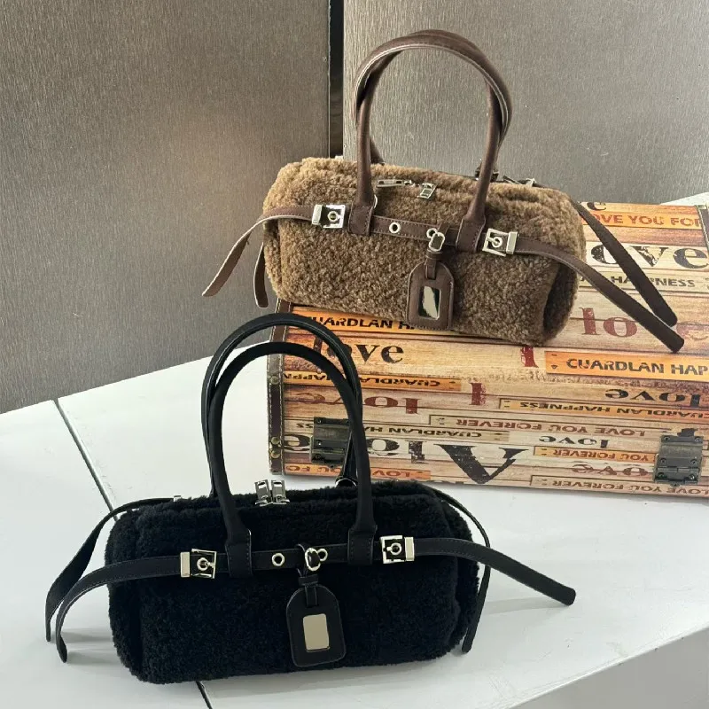 Autumn Winter Women's Lamb Wool Handbag Chic Color Contrasting Versatile Plush One Shoulder Crossbody Bags Party Clutch