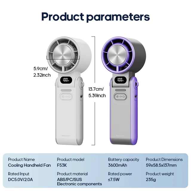 KINSCOTER Outdoor Foldable Portable Handheld Fan Mini Cooling Rechargeable 3600mAh 100-level Free Control High Speed Turbo Fan 6