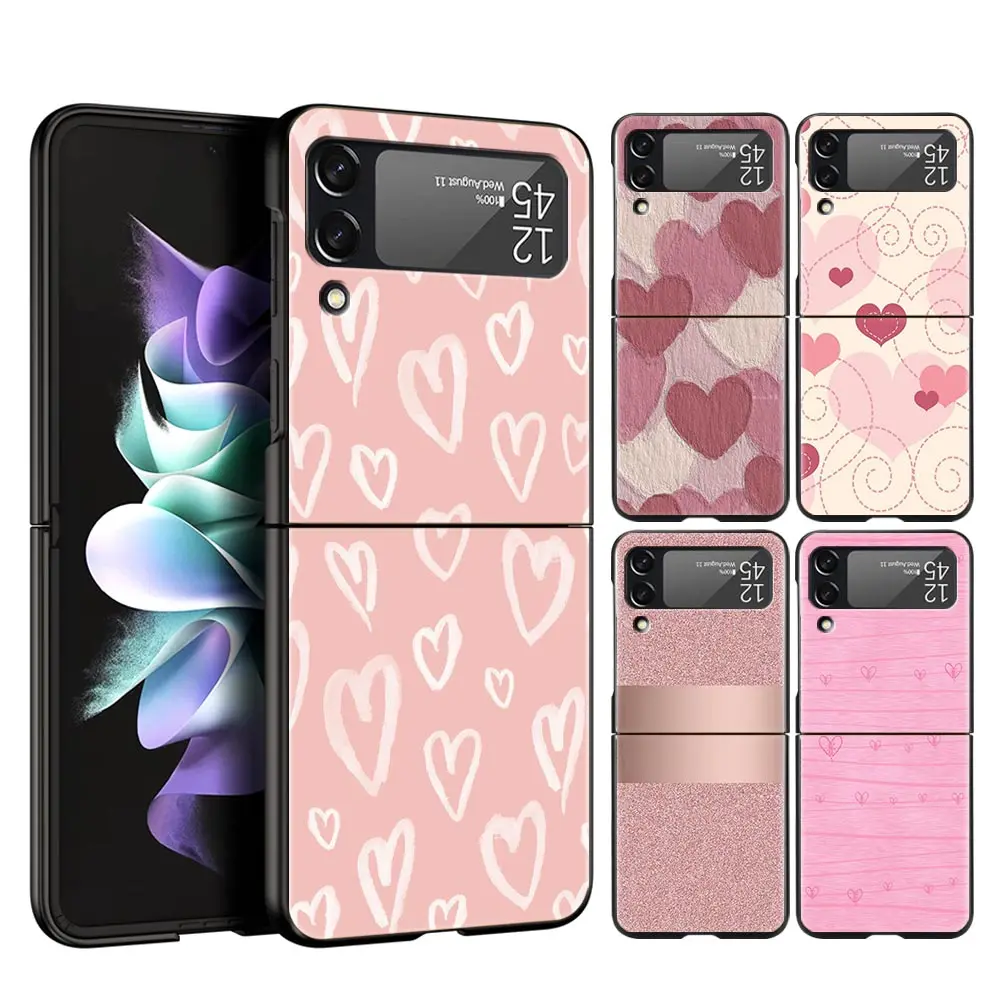 Gold Pink Rose Glitter Hearts Phone Case Shell For Samsung Galaxy Z Flip 3 4 5 Samsung Z Flip3 Flip4 Hard PC Bumper Cover