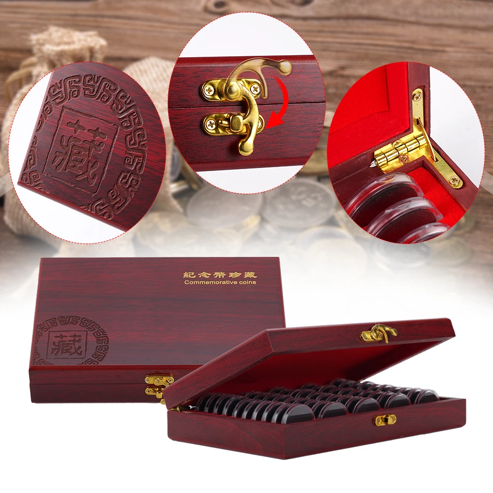 50PCS Wooden Coin Collection Box - Wood Storage Case for Commemorative Coins Organizer Home Organizer adjustable inner pads 3