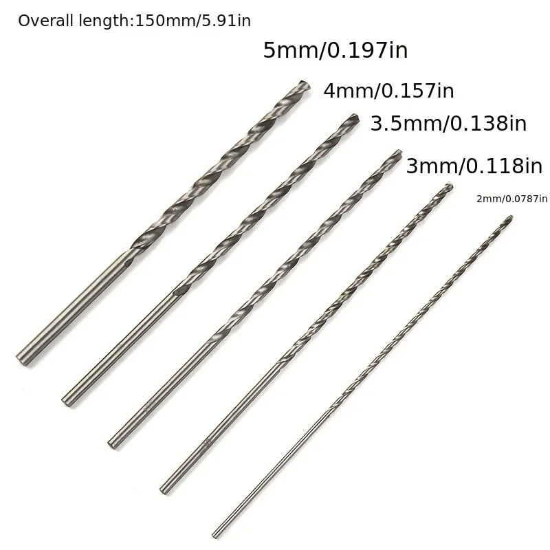 5-teiliges extra langes HSS-Bohrer-Set aus Schnellarbeitsstahl, 150 mm, 2 mm/3 mm, 3,5 mm, 4 mm, 5 mm Bits für Holz, Aluminium, Kunststoff – Detail 3