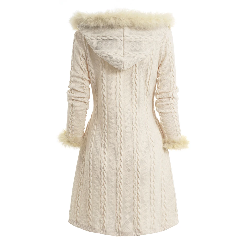 Dressfo 케이블 니트 격자 무늬 인조 모피 패널 후드 스웨터 코트, 따뜻한 겨울 혼 단추 롱 니트 롱 니트웨어