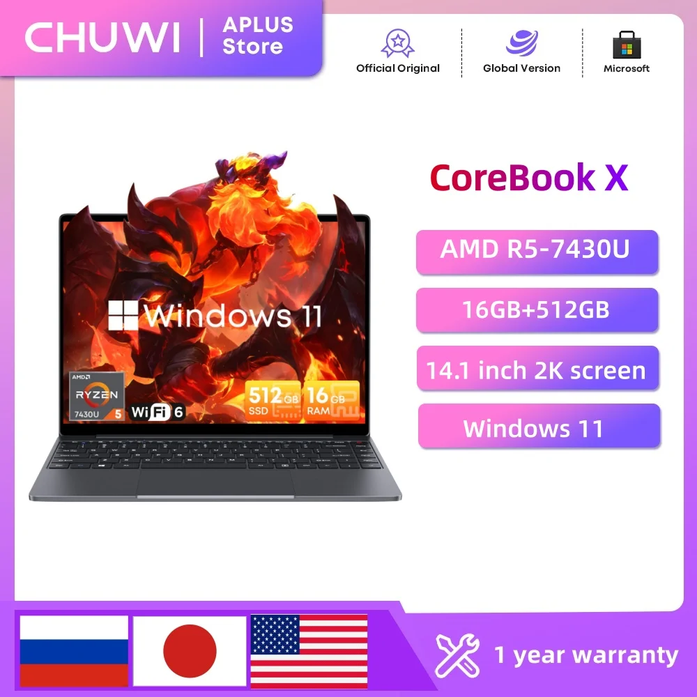 Ordinateur portable CHUWI CoreBook X AMD R5-7430U 14,1'' Écran 2K 16 Go de RAM DDR4 512 Go de SSD Windows 11 Wifi6 Ordinateur portable de jeu