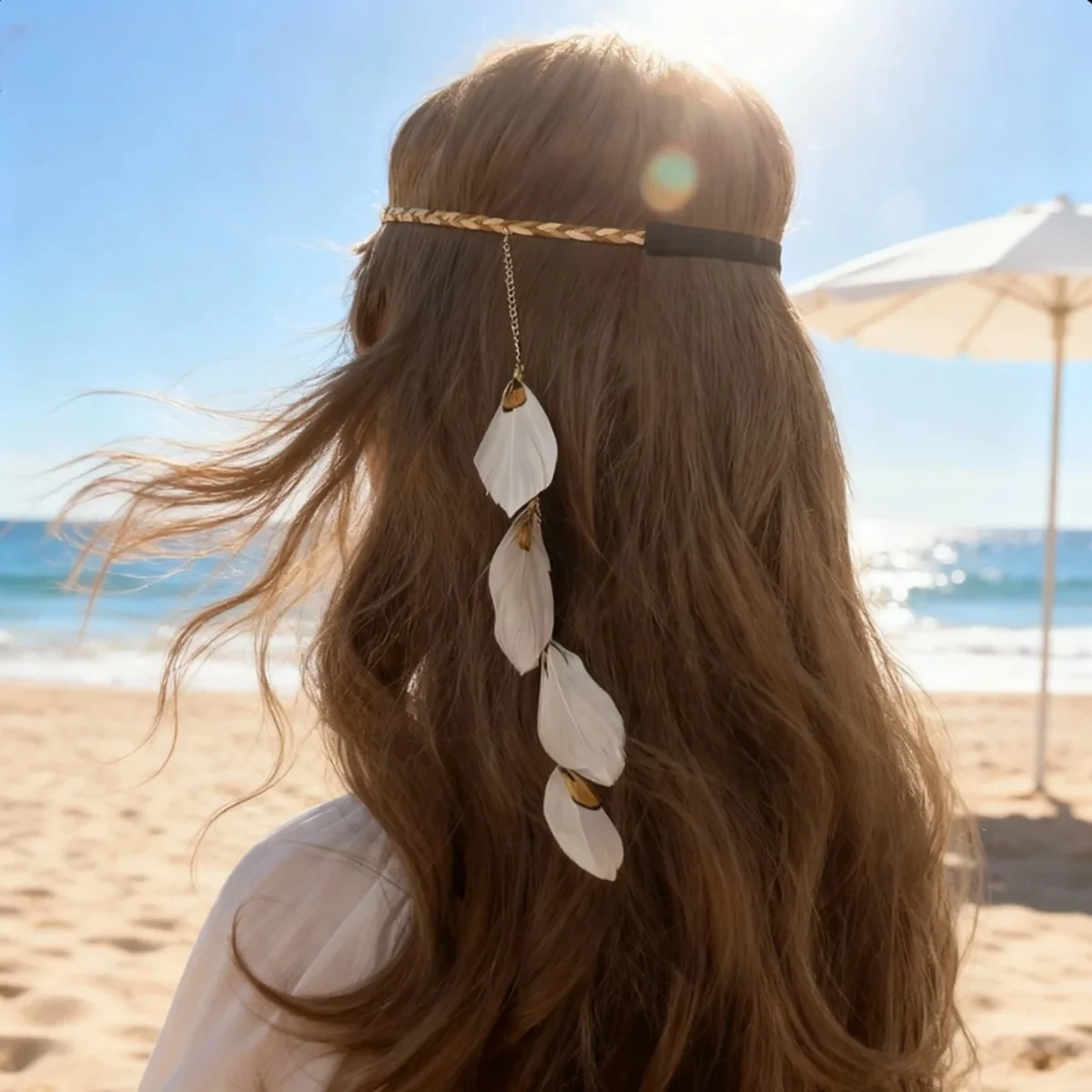 1-teiliges Vintage-Böhmisches handgewebtes Haar mit Feder-ähnlichem Quasten-Haar-Stirnband, geeignet für Damen-Haar-Accessoires, Strand – Detail 9