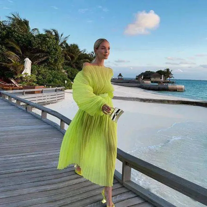 open lace back dress Chiffon Neon Floral Pleated Dress – Unique Boutique main image 1