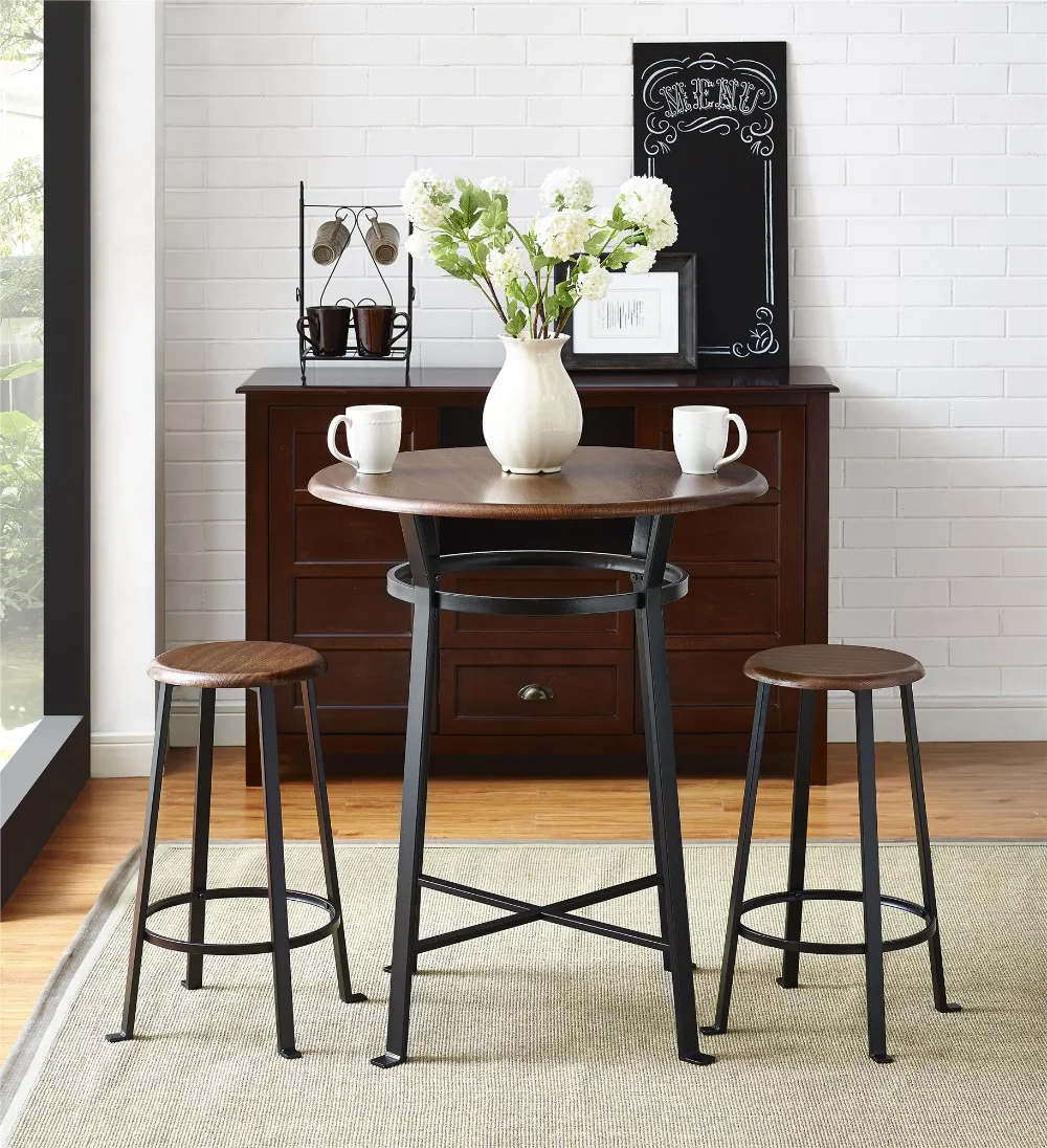 

Mainstays Round 3-Piece Metal Pub Set with Wooden Top, Dark Mahogany dinner table modern dining table table and chairs set