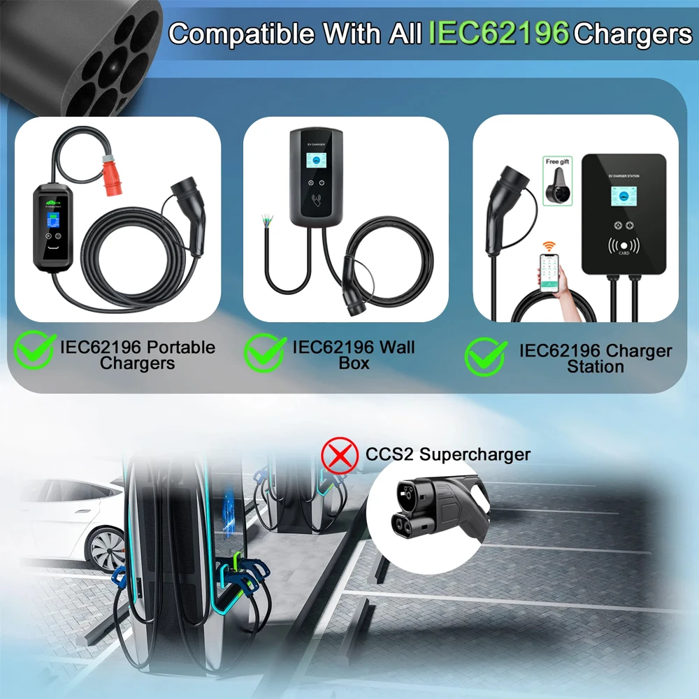 JULIK Adaptateur de type 2 vers type 1, 32 A, 250 V, type 2 EV, câble