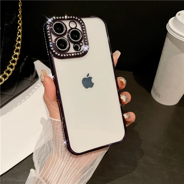 Luxury Plating Flash Diamond Bumper Phone Case with Shiny Rhinestone Lens Cover