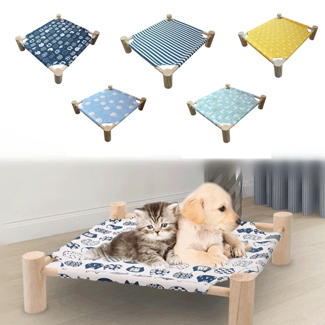 Wooden Elevated Pet Cat Bed Removable Washable Canvas Cat Kitten Hammock House for Small Rabbit Cats Dogs Bedding Supplies