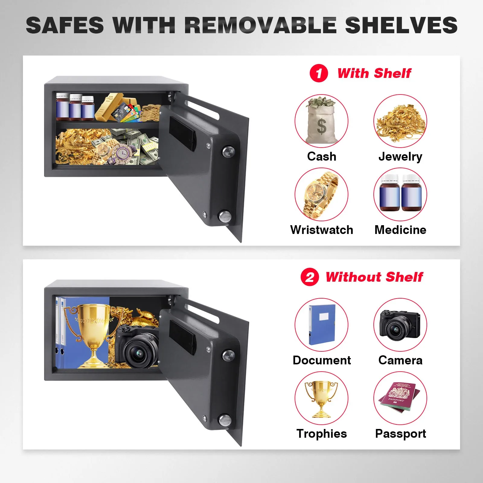 Fireproof Waterproof Home Safe, Home Security Cash Box Cabinet Valuables Protection with Double Digital Keypad & 2 Keys, Grey